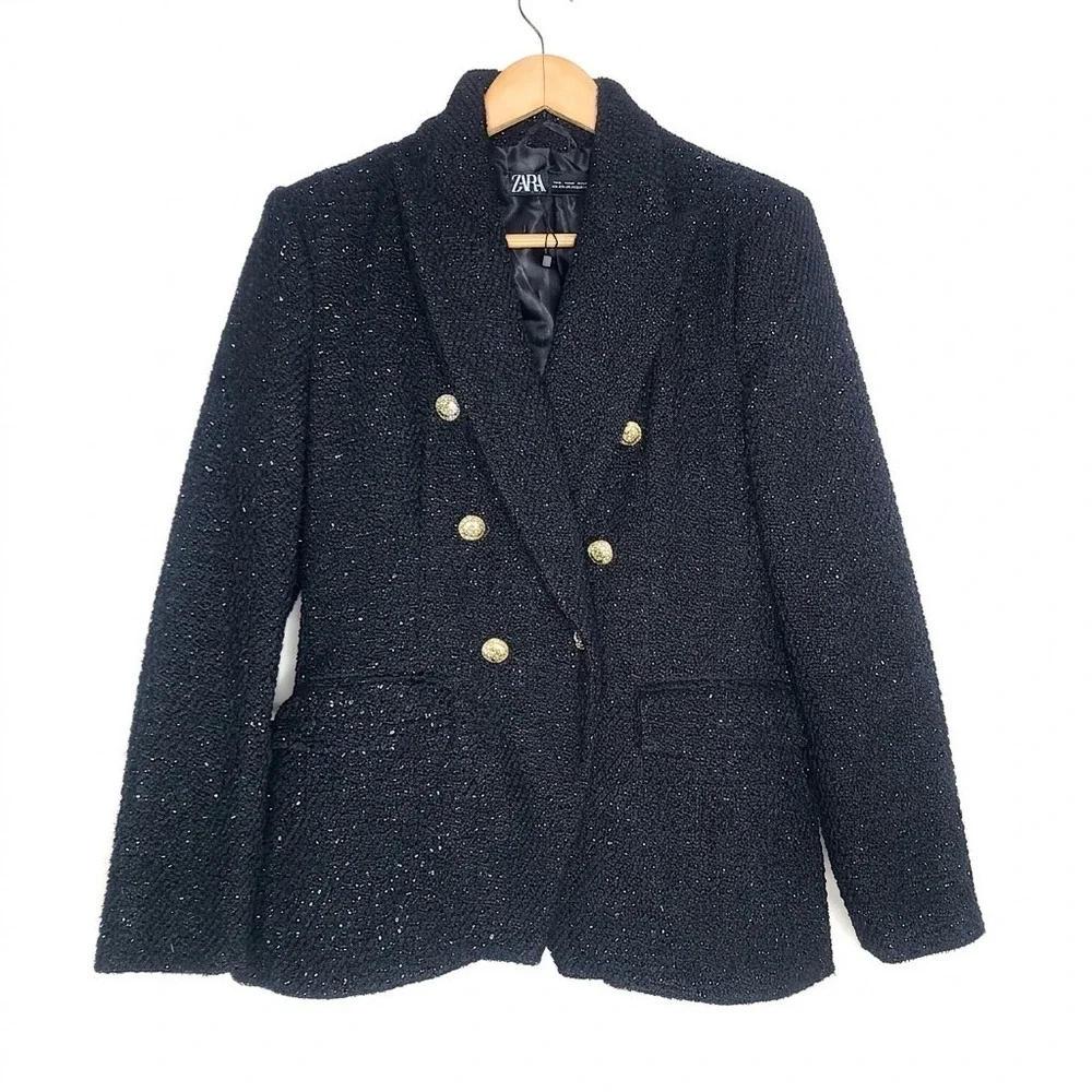 ZARA Double Breasted Textured Weave Black Gold Accents‎ Blazer Jacket M